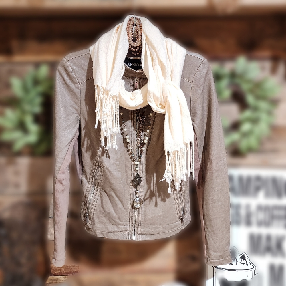 Express Women's Faux Leather Jacket, Slim Fit, Tan, Small, Zippers